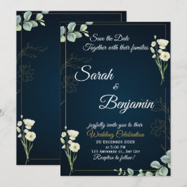 Convites Navy Greenery Elegant Wedding Invitation
