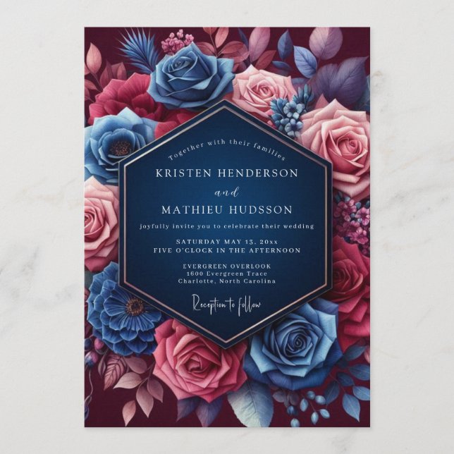 Convites Navy Jeweled Bloom Wedding (Frente)