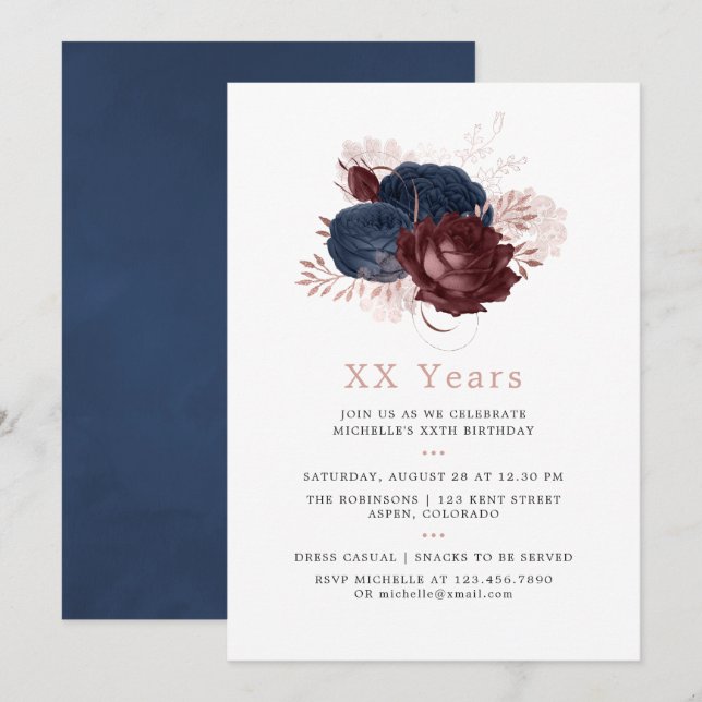 Convites Navy, Marrom e Rosa Dourado Floral Aniversário (Frente/Verso)