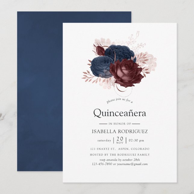 Convites Navy, Marrom e Rosa Dourado Floral Quinceañera (Frente/Verso)