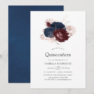 Convites Navy, Marrom e Rosa Dourado Floral Quinceañera