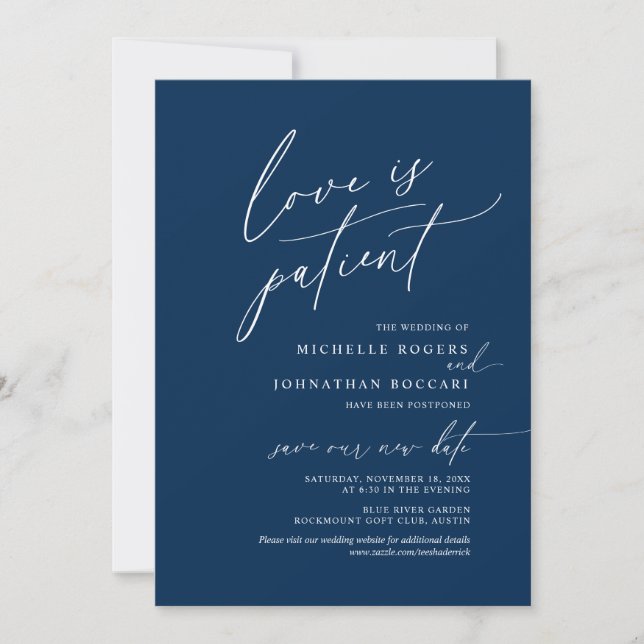 Convites Navy Minimalista, Amor paciente, casamento adiado (Frente)