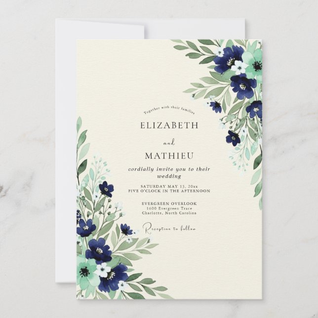 Convites Navy Mint Exquisite Botanical Wedding (Frente)