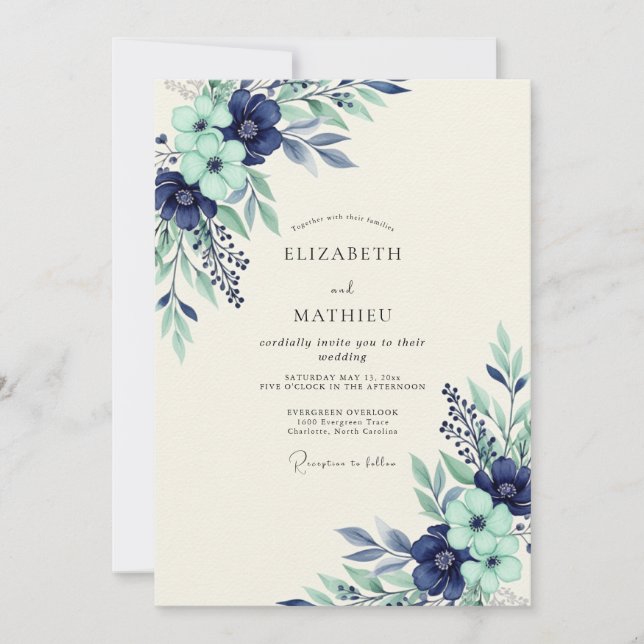Convites Navy Mint Serene Botanical Wedding (Frente)