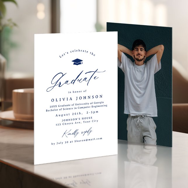 Convites Navy Modern Calligraphy Simple Photo Graduation (Navy Modern Calligraphy Simple Photo Graduation Invitation)
