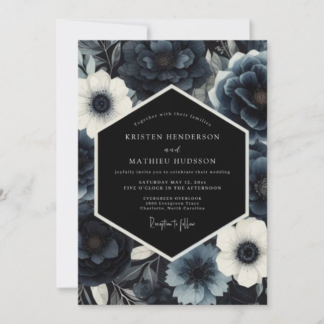 Convites Navy Moody Floral Nocturne Wedding (Frente)