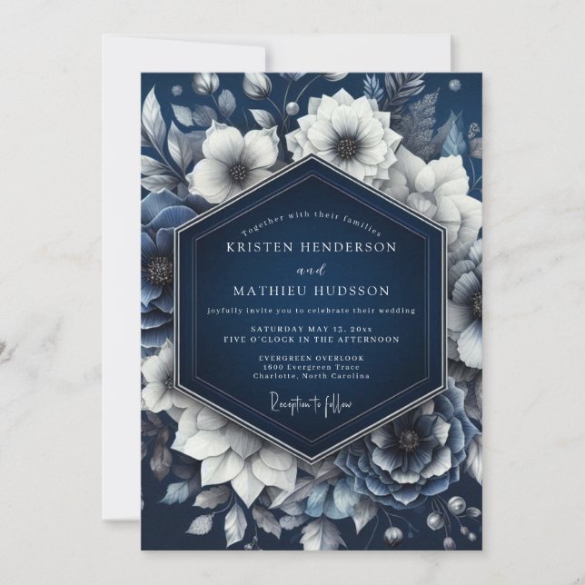 Convites Navy Opulent Floral Romance Wedding (Frente)