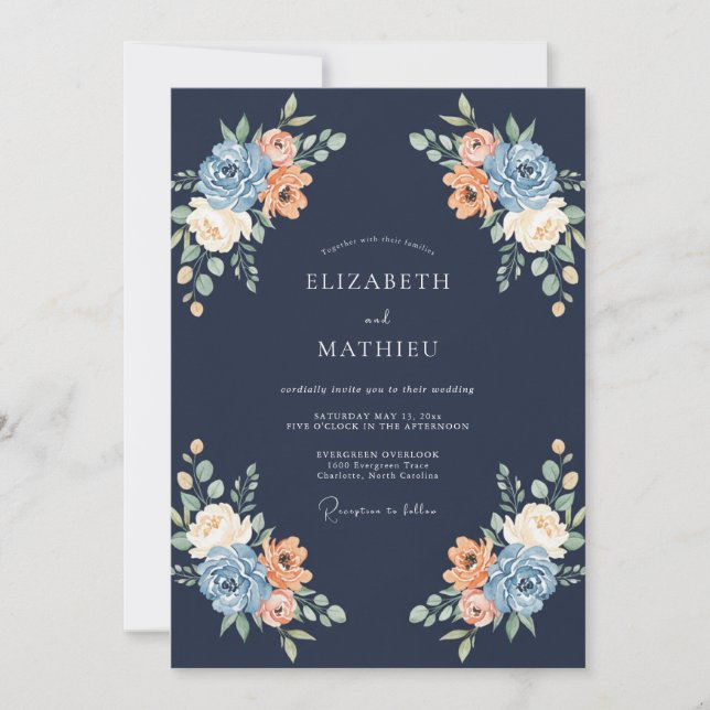 Convites Navy Peach Blossom Flourish Wedding (Frente)