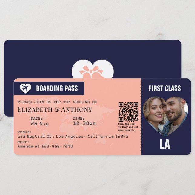 Convites Navy & Peach Boarding Pass Wedding (Frente/Verso)