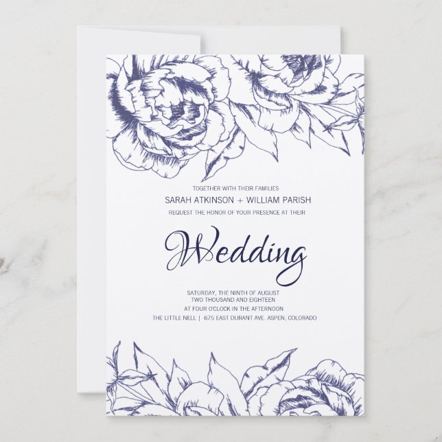 Convites Navy Peony Simple Wedding Invitation (Frente)