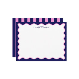 Convites Navy Pink Striped Wavy Frame Note Card