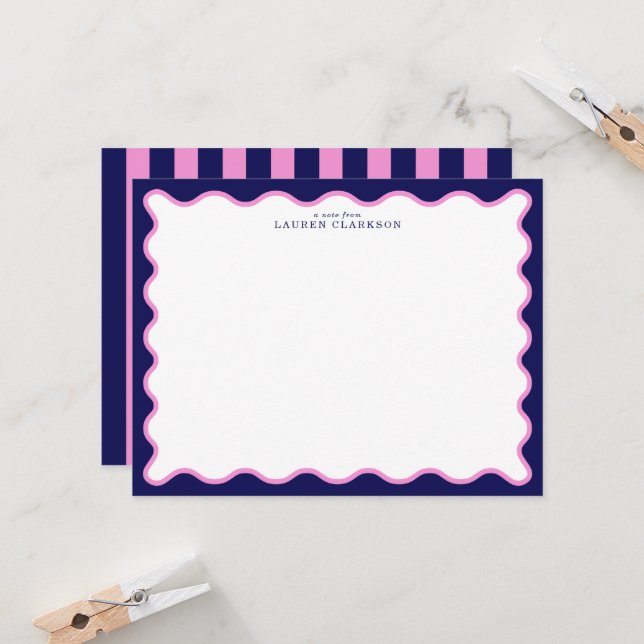 Convites Navy Pink Striped Wavy Frame Note Card (Frente/Verso In Situ)