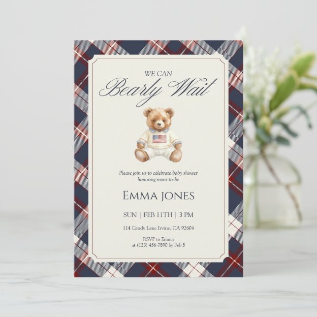 Convites Navy Plaid Teddy Bear Baby Shower (Em pé/Frente)