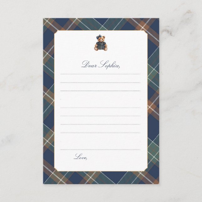 Convites Navy Plaid Teddy Bear Girl Time Capsule Card (Frente)