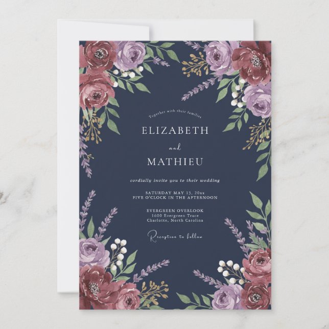Convites Navy Plum Floral Romantic Wedding (Frente)