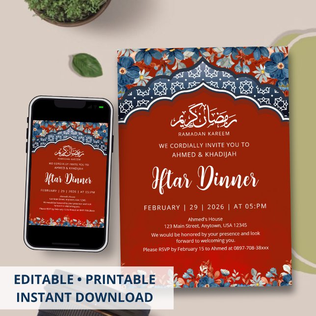 Convites Navy Red Geometric Ramadan Iftar Dinner Invitation (Criador carregado)