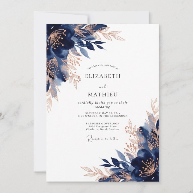 Convites Navy Rose Gold Opulent Winter Wedding (Frente)