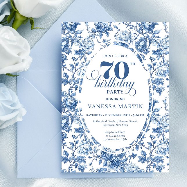 Convites Navy Roses 70th Birthday Elegant Party Invitation (French toile de jouy flowers,
Luxurious navy roses 70TH birthday,
dusty Blue flowers botanical garde)