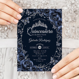 Convites Navy Silver Butterflies Roses Quinceanera