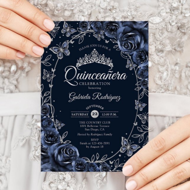 Convites Navy Silver Butterflies Roses Quinceanera (Criador carregado)