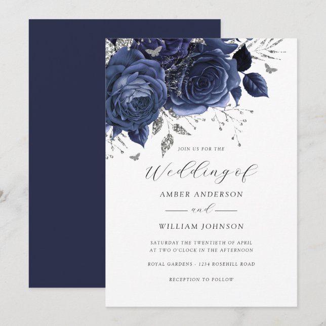 Convites Navy Silver Floral Rose Wedding   (Frente/Verso)