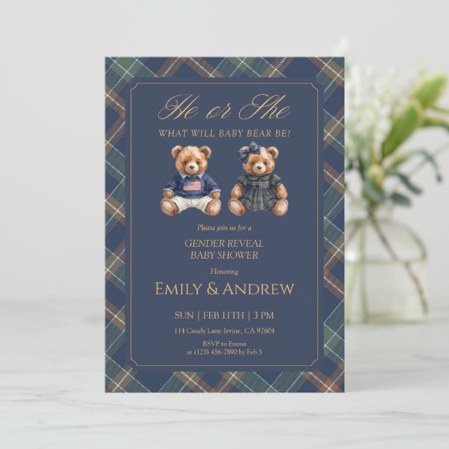 Convites Navy Tartan He or She Gender Reveal Baby Shower (Em pé/Frente)