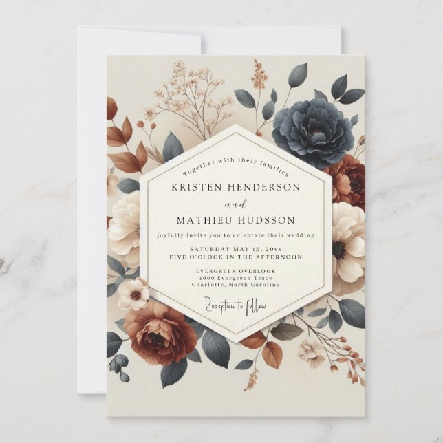 Convites Navy Terracotta Autumnal Bloom Wedding (Frente)