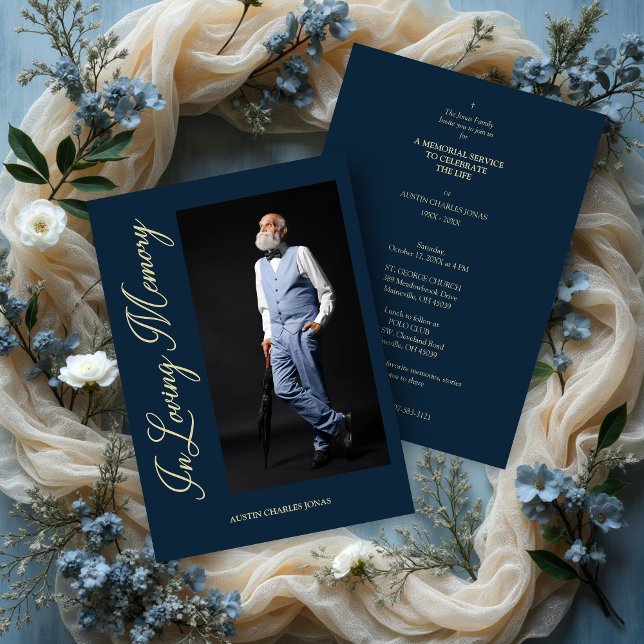 Convites Navy Traditional Elegant Golden Effect Photo (Navy Traditional & Elegant Golden Effect Photo Funeral Dear Ones Invitation with Envelope.)