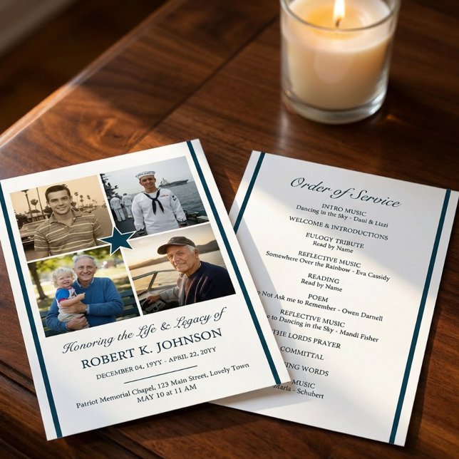 Convites Navy Veteran 4 Photo Collage Flat Funeral Program (Double sided Order of Service funeral program 4 photos - designed for Navy Veteran or ex-serviceman)