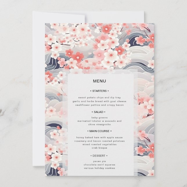 Convites Navy Waves Sakura Floral Modern Wedding Menu (Frente)
