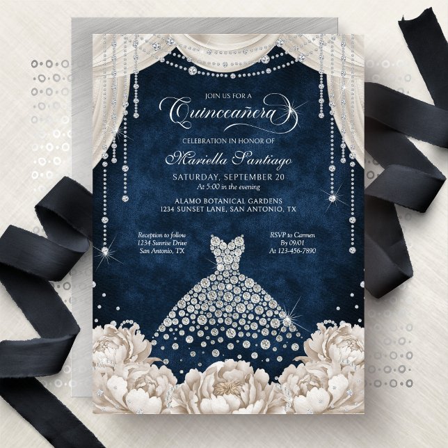 Convites Navy White Diamond Floral Quinceanera Invitation (Criador carregado)