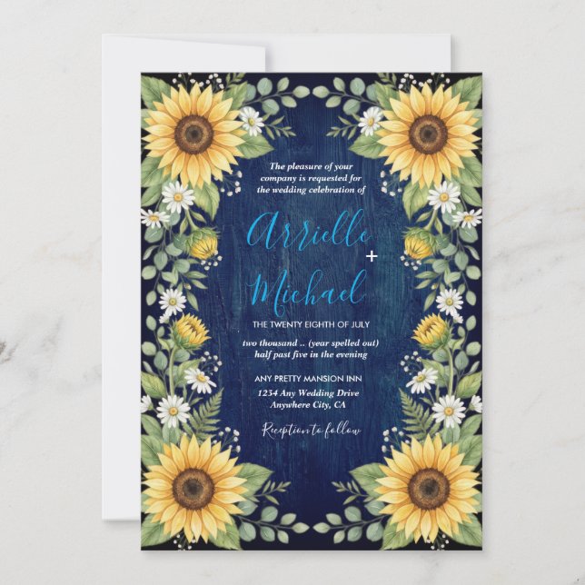 Convites Navy Wood Sunflower Wedding Invitation Rustic (Frente)