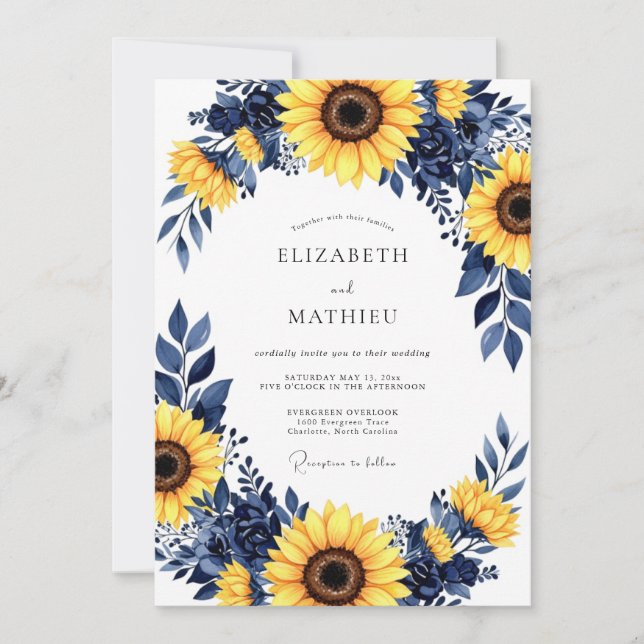 Convites Navy Yellow Bold Sunflower Wedding (Frente)