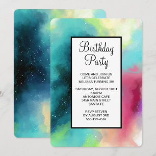 Convites Nebulosa Espacial Verde e Vermelho Moderno Aquarel