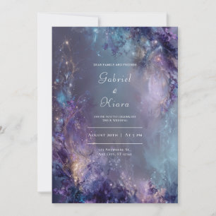 Convites Nebulosa Etérea Violeta Azul Dourado Casamento Fan