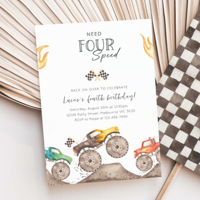 Convites Need Four Speed Monster Truck 4th Birthday Bash (Criador carregado)