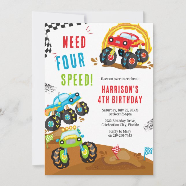 Convites Need Four Speed Monster Truck Boy 4th Birthday (Frente)