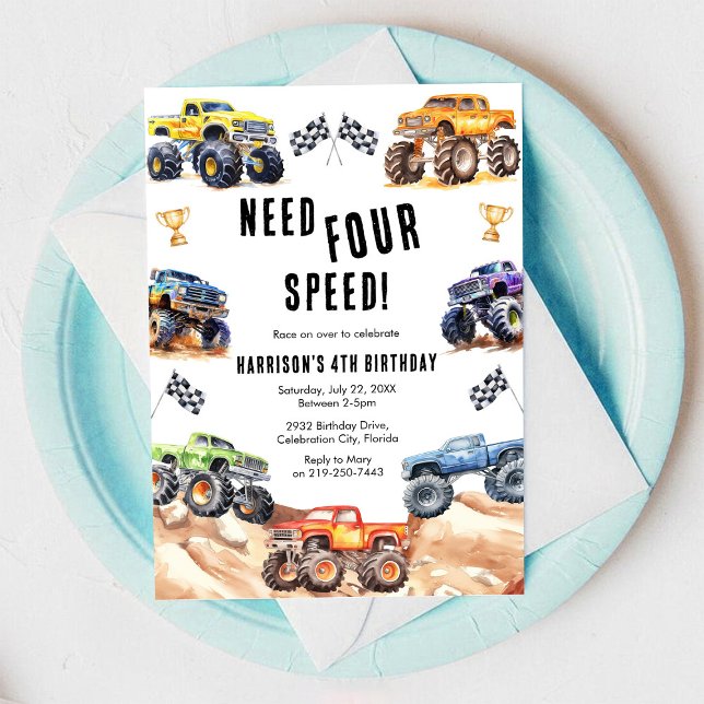 Convites Need Four Speed Monster Truck Boy 4th Birthday  (Criador carregado)