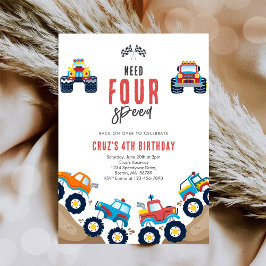 Convites Need Four Speed Monster Truck Boy 4th Birthday Inv