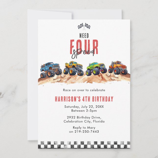 Convites Need Four Speed Monster Truck Boy 4th Birthday Inv (Frente)