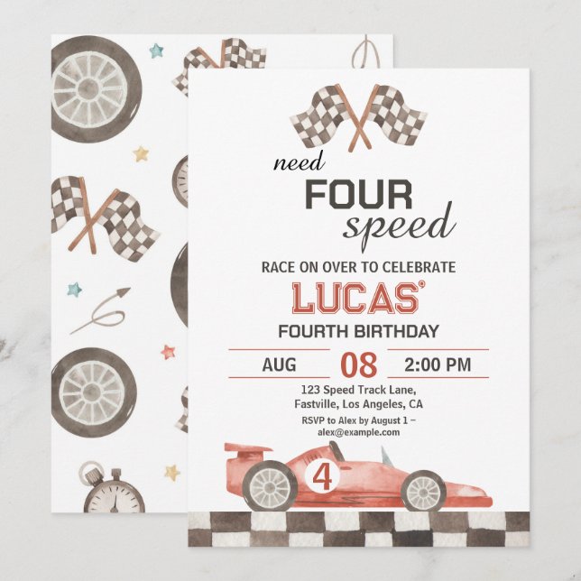 Convites Need Four Speed Red Race Car 4th Birthday Party (Frente/Verso)