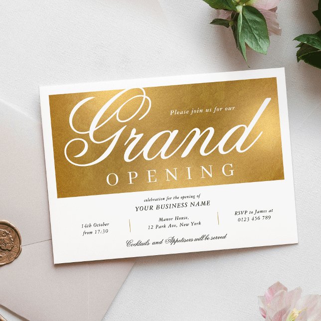 Convites Negócios de Elegante e Grande Abertura Dourada de  (Elegant & Chic Gold Grand Opening Event Business Invitation)