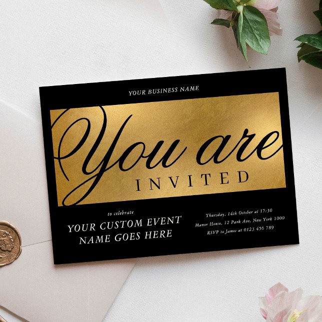 Convites Negócios do Janto anual Black & Dourado Character  (Elegant black and gold foil effect Corporate Event Business Invitation)