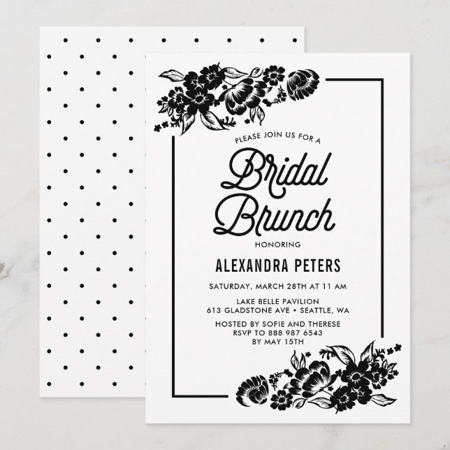 Convites Negra Branca Moderna Acentos Florais Bridal Brunch (Frente/Verso)