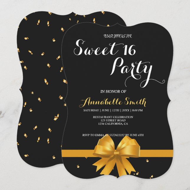 Convites Negra-chica moderna elegante e doce-de-ouro 16 (Frente/Verso)