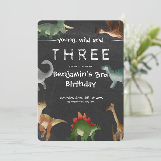 Convites Negra e Colorido Dinossauro Imprimível (Em pé/Frente)