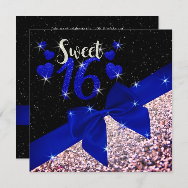 Convites Negra e Real Blue Glittery Sweet 16 Invite (Frente/Verso)