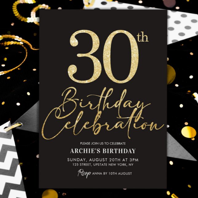 Convites Negra Elegante do Partido aniversário de 30 anos e (30th Birthday invitation Adult Personalized Template Black and gold)