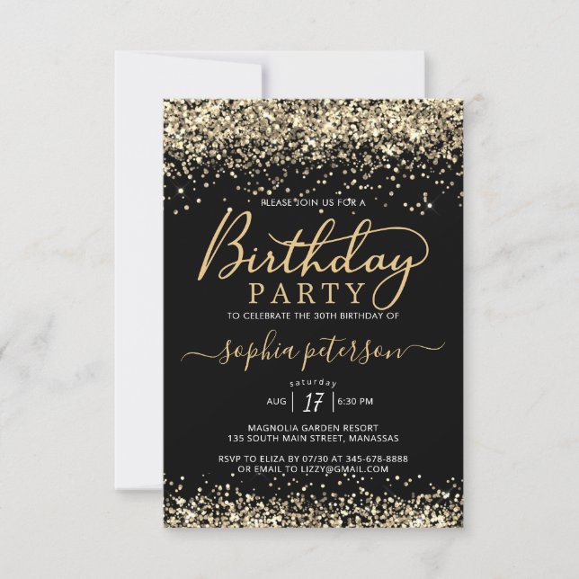Convites Negra Elegante e Leve Dourada Qualquer Aniversário (Frente)