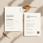 Convites Negra Elegante Simples Tudo Em Um Casamento De Cód<br><div class="desc">Aceite a essência da sofisticação com nossos Simples e Elegante Black All In One QR Code Wedding Invtions. Criados com um design minimalista, esses convites combinam a conveniência moderna e o estilo clássico, apresentando caligrafia negra nítida em um fundo branco limpo. A inclusão de um código QR conecta seus convidados...</div>
